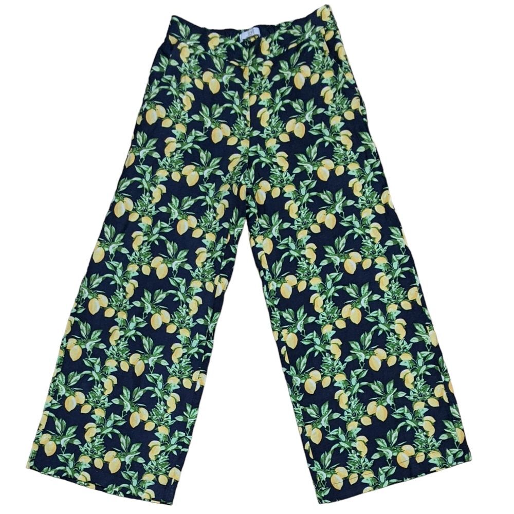 Loft Ann Taylor fluid novelty wide leg lemon linen blend back elastic pants XS